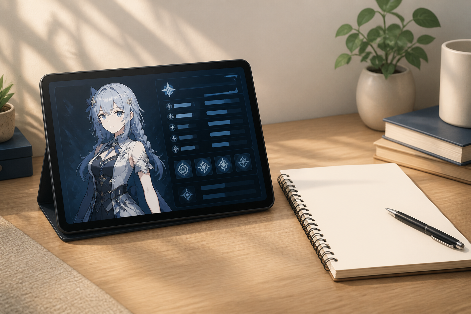 ゲームのキャラクター情報画面を表示した端末とノートが並ぶ整然としたデスクの静物イメージ