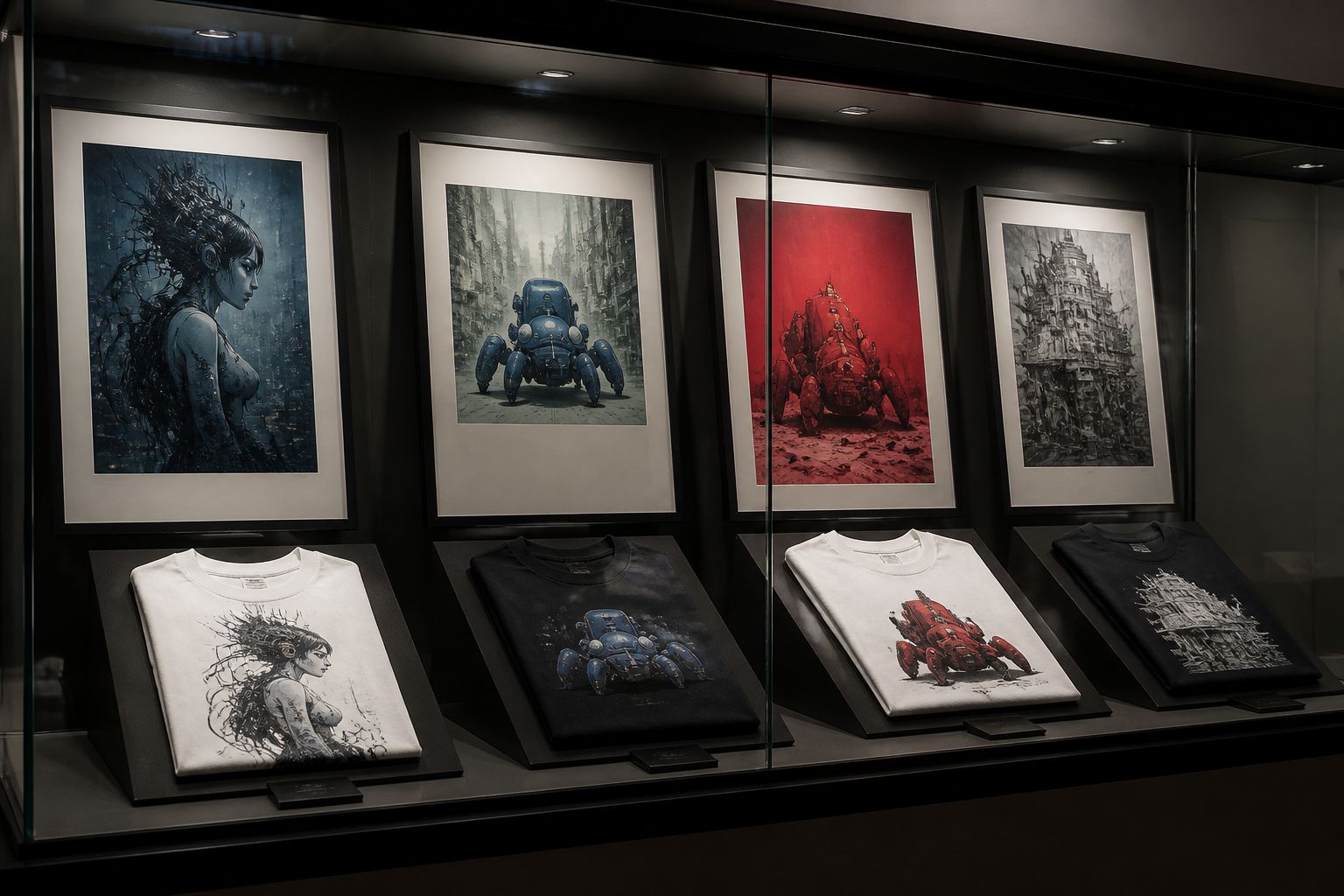 ガラスケースに飾られた限定のアパレルTシャツとアートポスターの展示風景