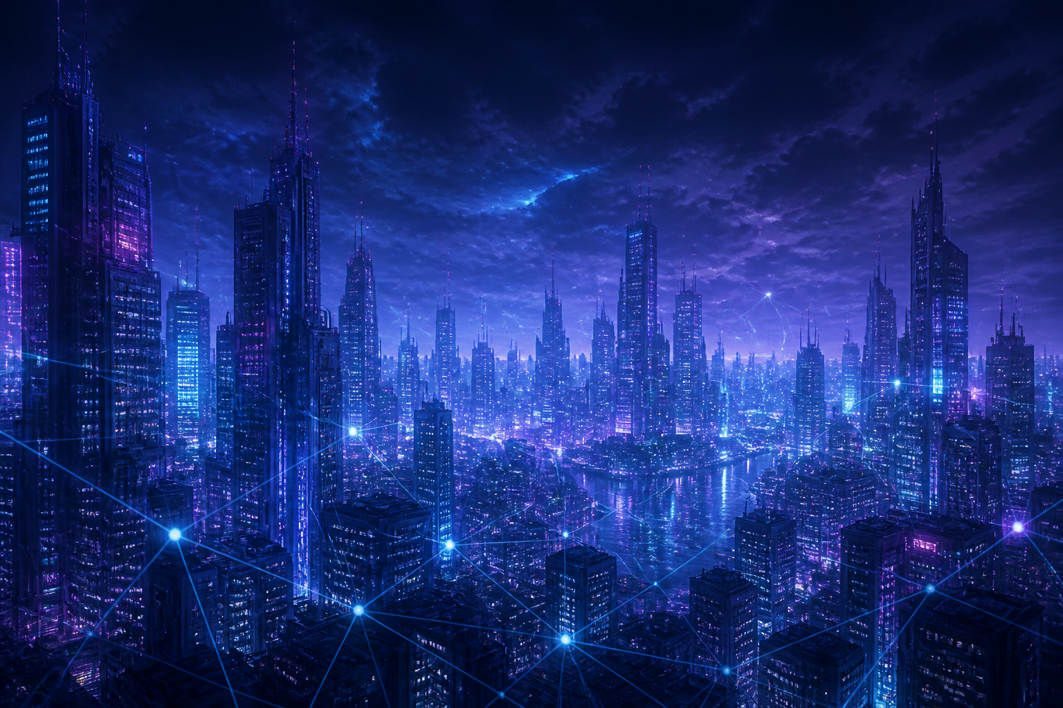 サイバーパンク都市の夜景とネットワークの網目が静かに広がる背景イメージ