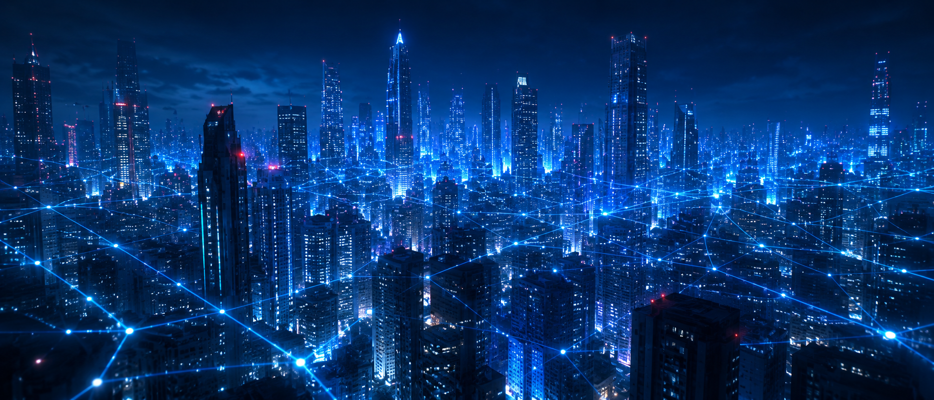 サイバーパンクな世界観をイメージさせる近未来的な都市の夜景とデータネットワークの光のライン