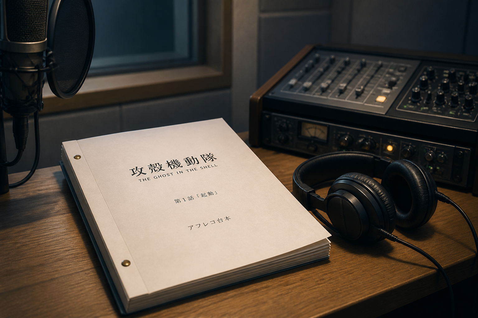 静かな部屋に置かれたアニメの台本とヘッドフォン、音響機材のイメージ