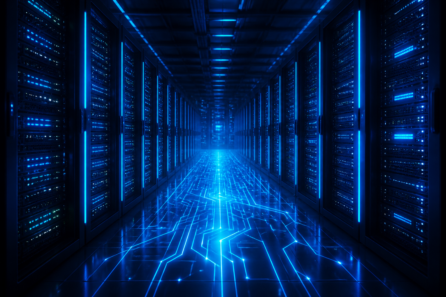 SF作品の雰囲気を醸し出す青い光が灯るサーバーラックとデジタル回線