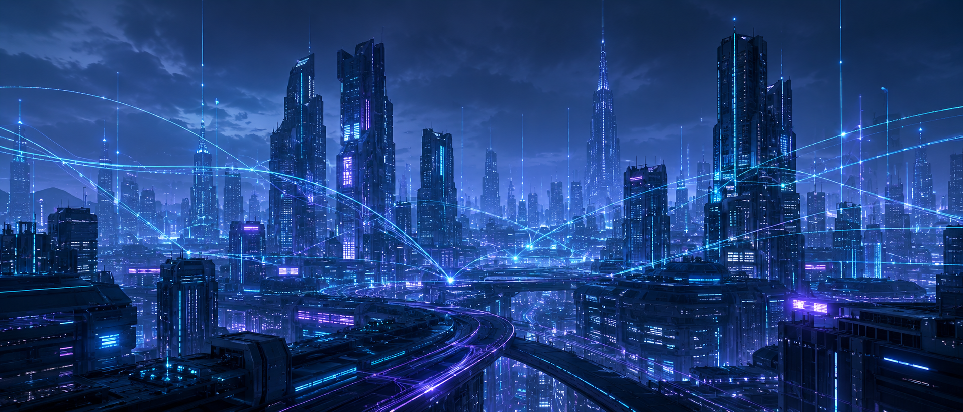 近未来的なサイバーパンク都市の夜景とデータ通信の光が交差する静物構図