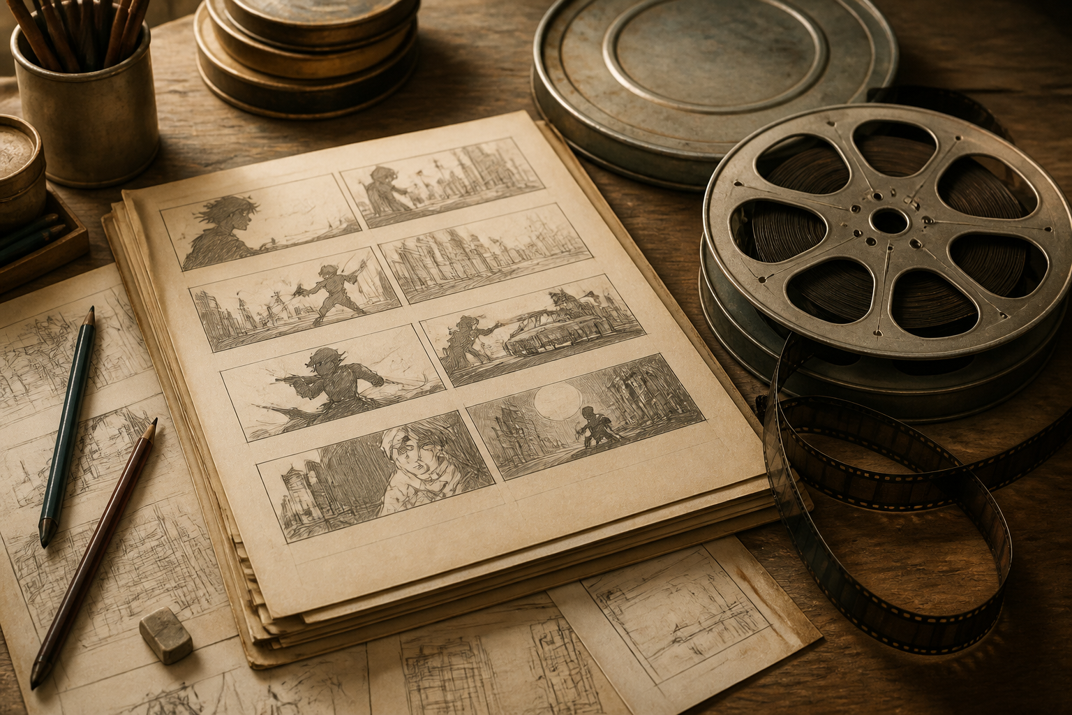 ヴィンテージ風のアニメーション絵コンテとフィルムリールが置かれた作業デスク