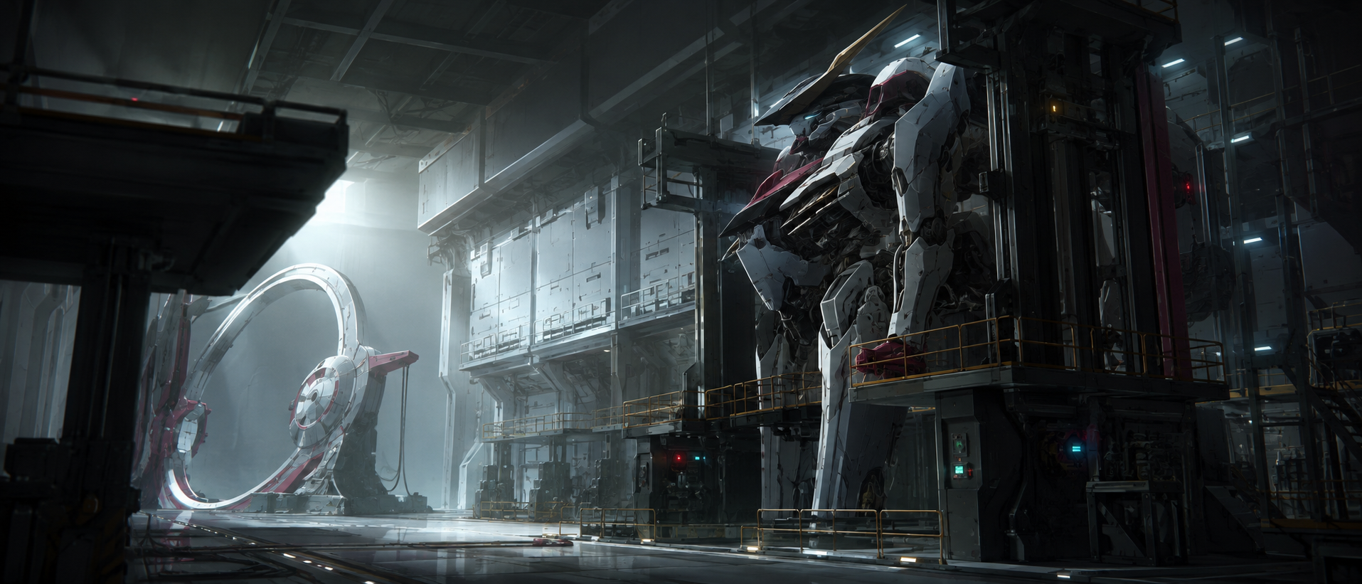 SFアニメ作品の雰囲気を象徴する巨大ロボットやSFデバイスが佇む静かな格納庫
