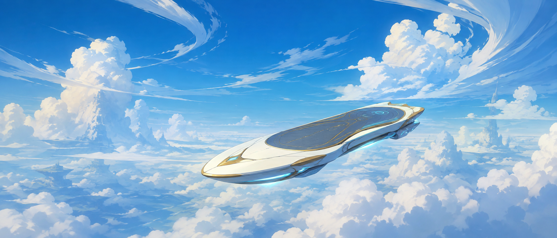 青空をバックに滑空するボード状の機体とファンタジー感のある雲模様