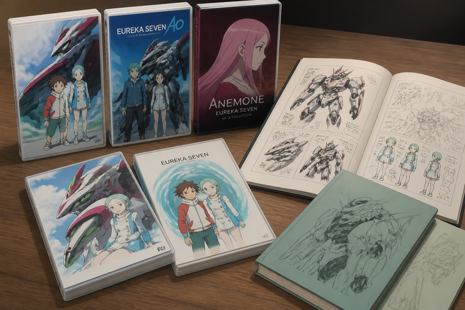 複数のSFアニメDVDパッケージと設定資料集が置かれた木製デスク