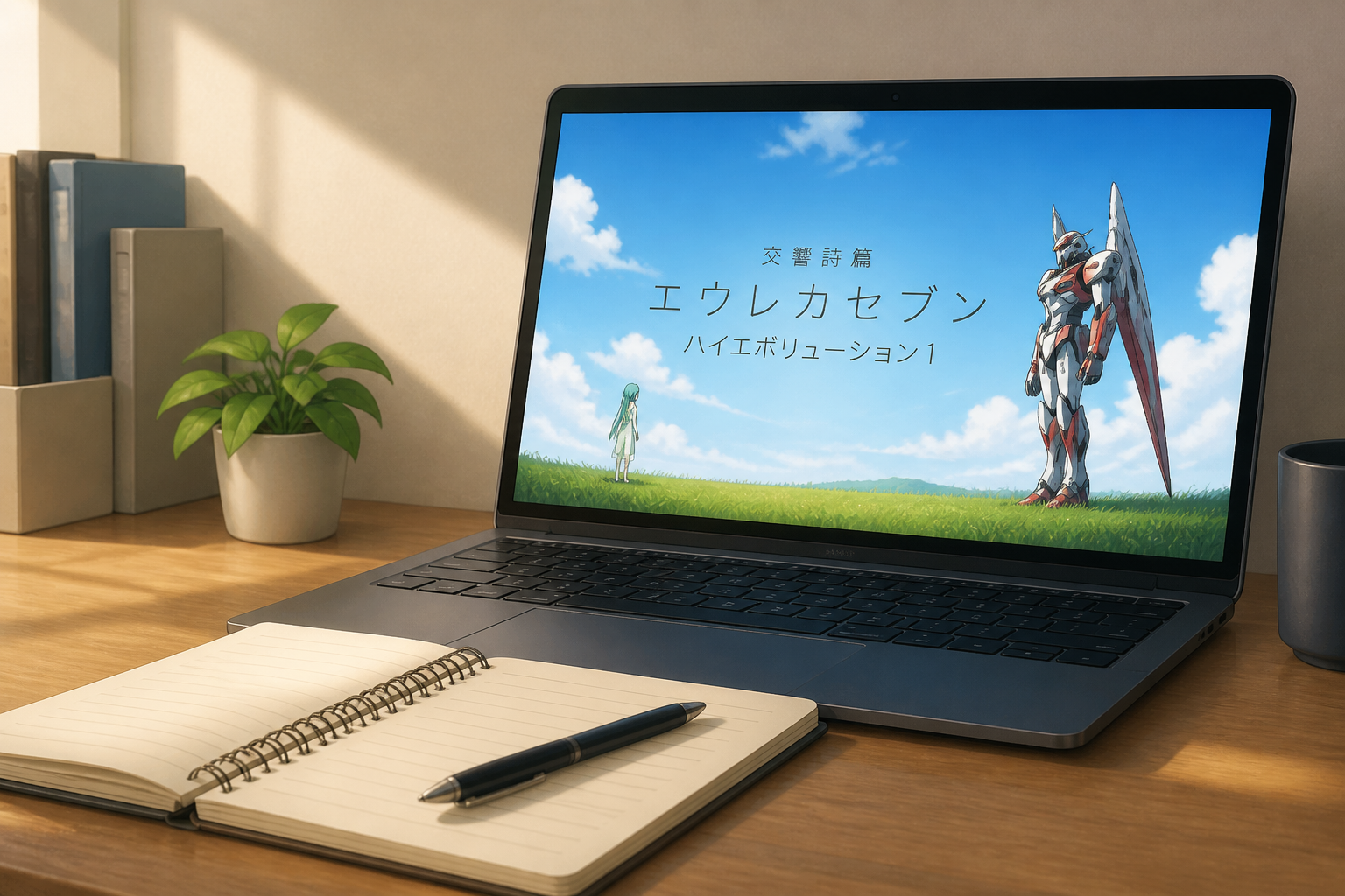 ノートとペンが置かれたデスクと、画面にアニメのタイトルロゴが映し出されたPC