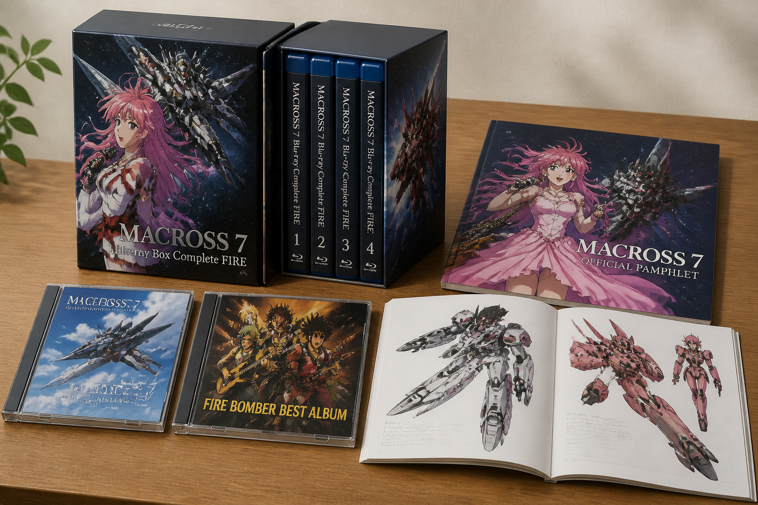 マクロス7のBDボックスやCD、公式パンフレットが綺麗に並べられたテーブルの静物構図
