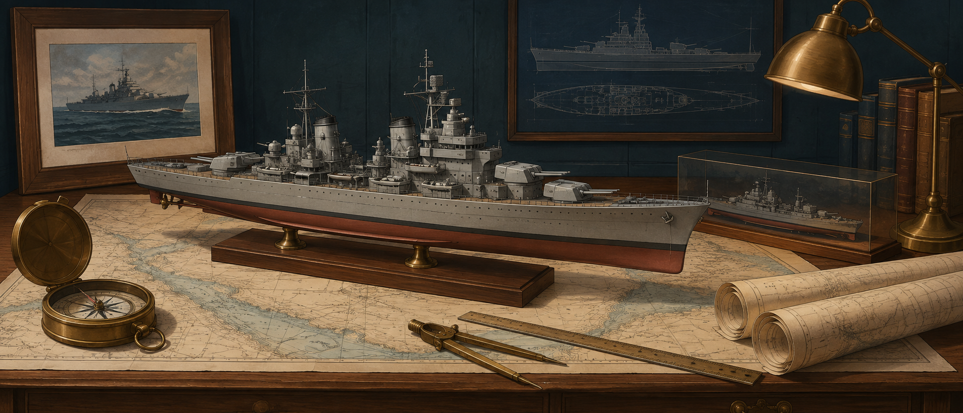艦船の模型と木製の海図テーブルが置かれた落ち着いた書斎風のデスク