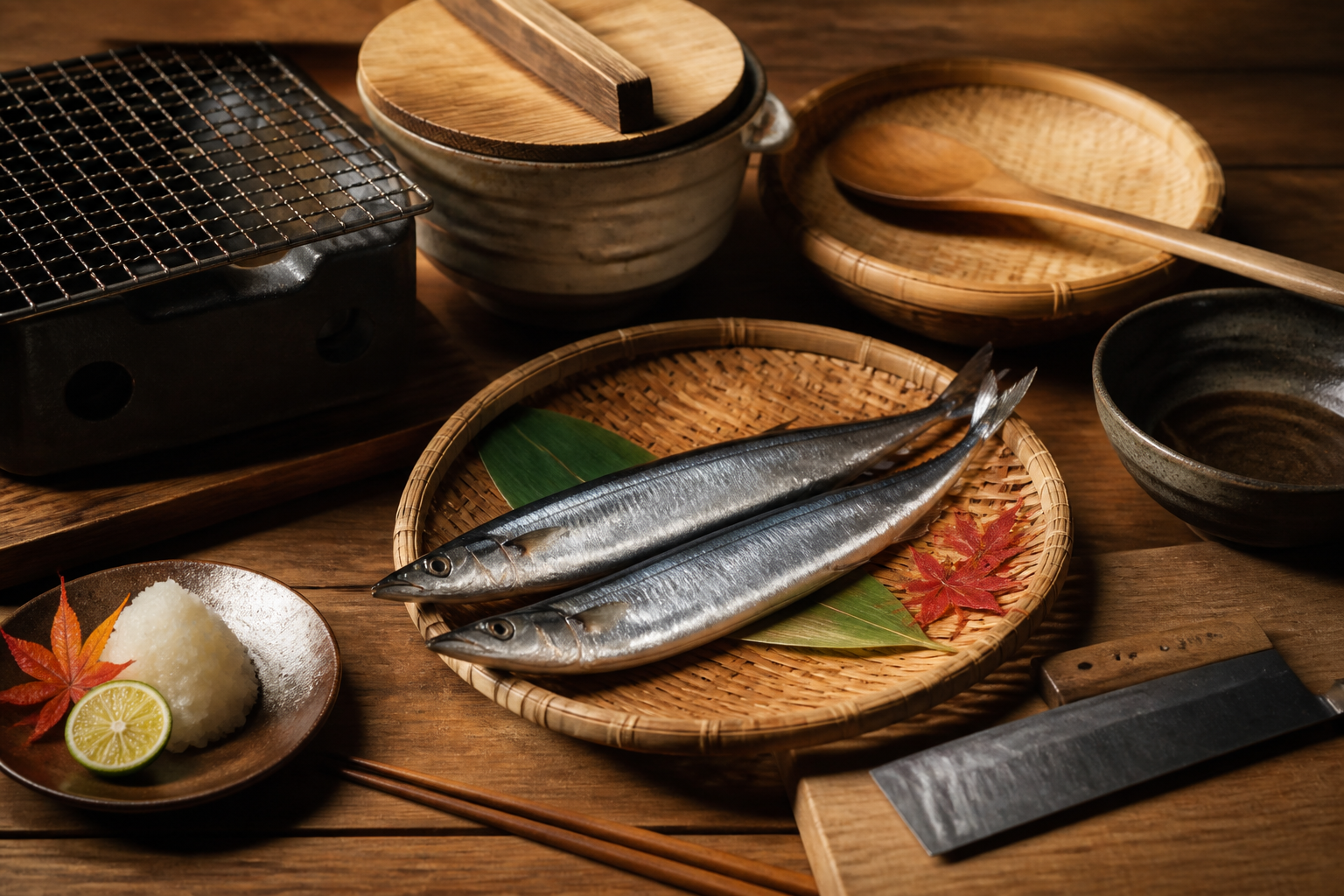 和風の調理器具と秋刀魚などの食材が乗った木製テーブルの静物構図