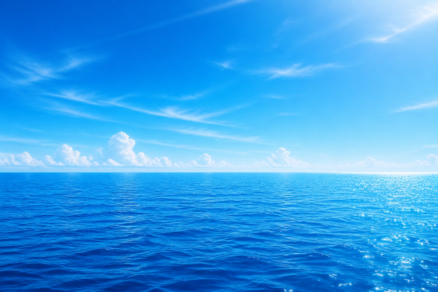 青い大海原と澄み渡る空が広がる水平線の静物風景