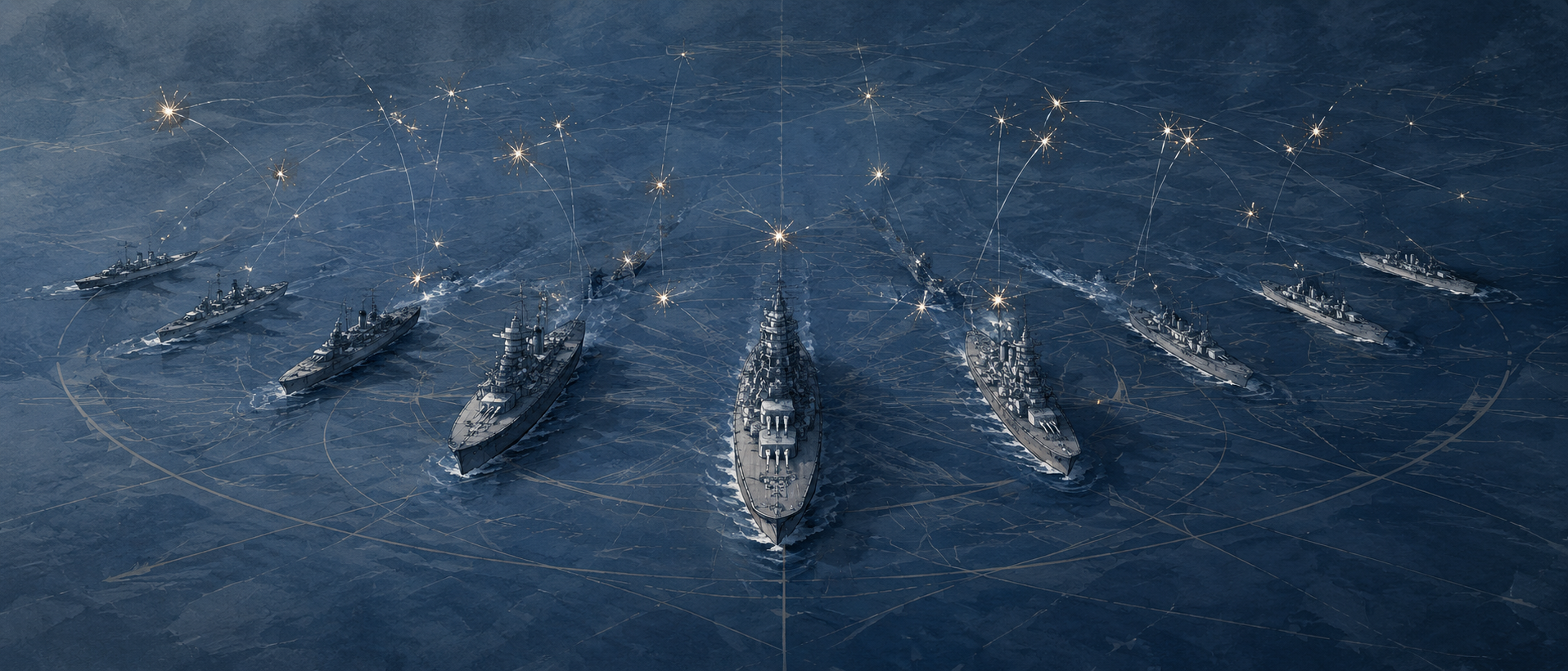 艦隊の対空陣形や対空砲火の火花をイメージさせる静物イラスト