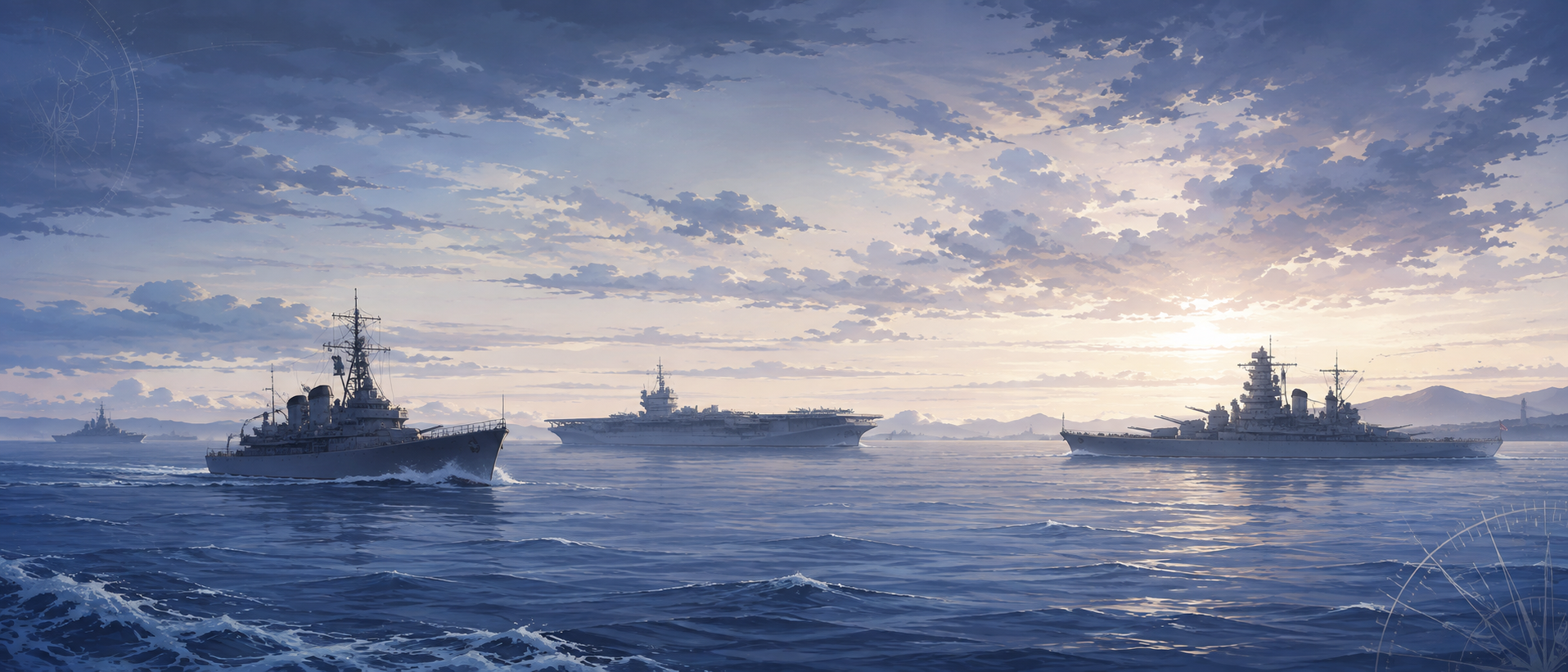 艦隊これくしょんの公式ロゴや作品キービジュアルを思わせる、海と艦艇をモチーフにした落ち着いたデザイン