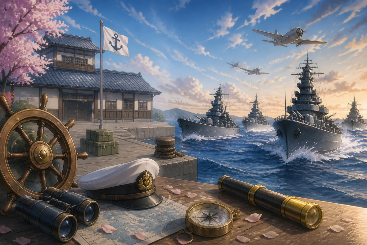 艦隊これくしょん1期の主要艦娘たちが鎮守府で過ごす日常と出撃シーンをイメージした静物構図