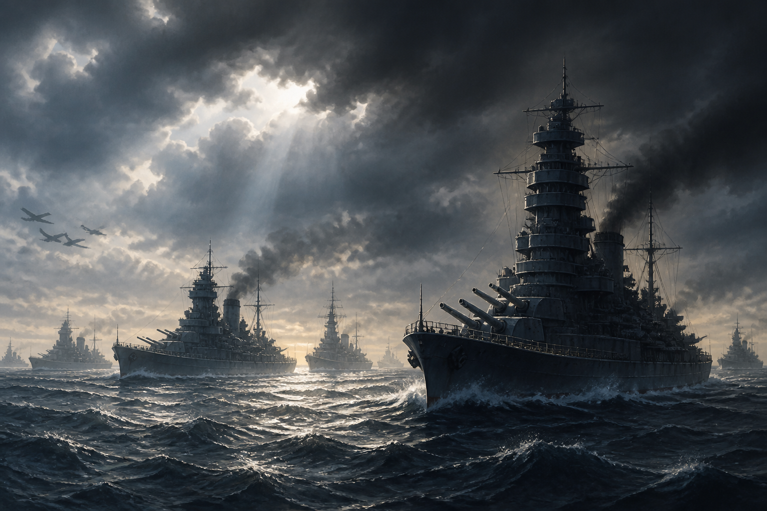 アニメ『「艦これ」いつかあの海で』の世界観を表現する、シリアスで重厚な海戦描写や艦娘の佇まいをモチーフにした静物構図