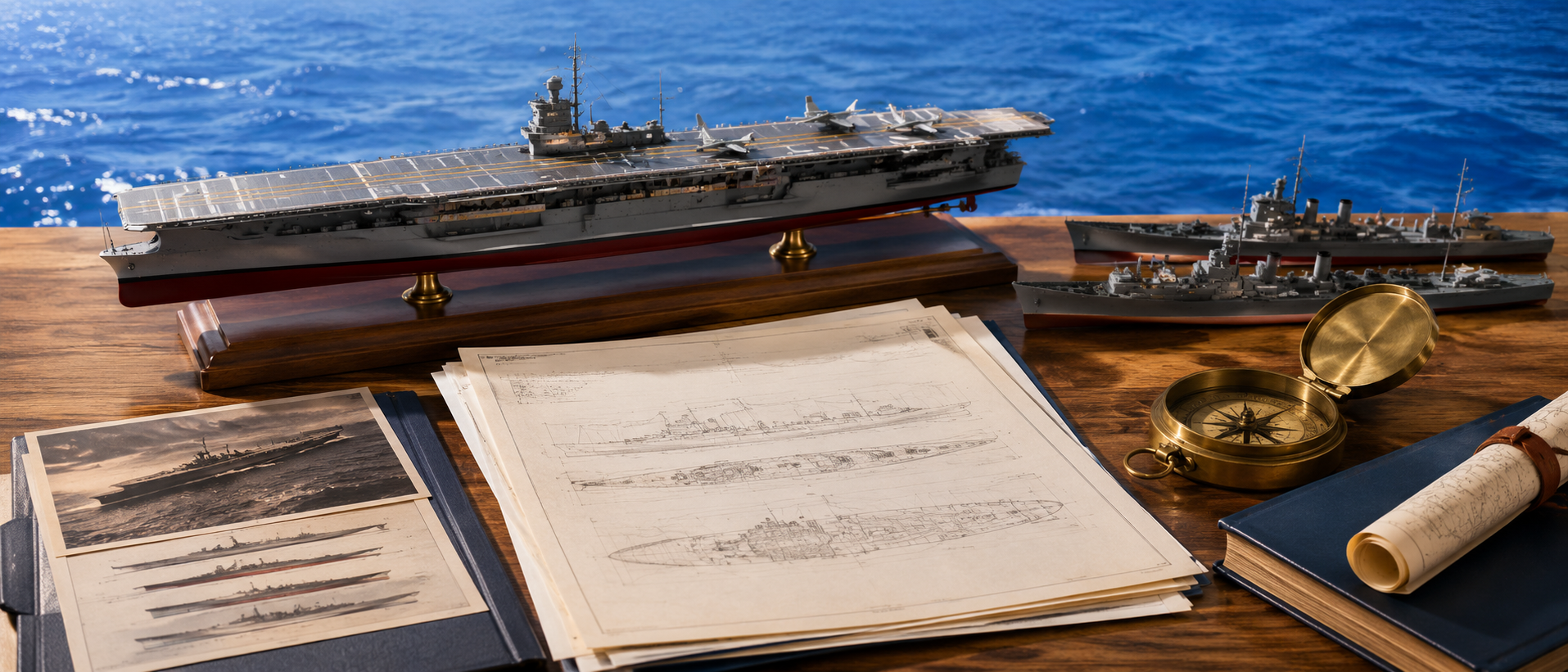 青い海原を背景に、航空母艦の模型や艦艇関連の資料、羅針盤が整然と並べられた静物構図