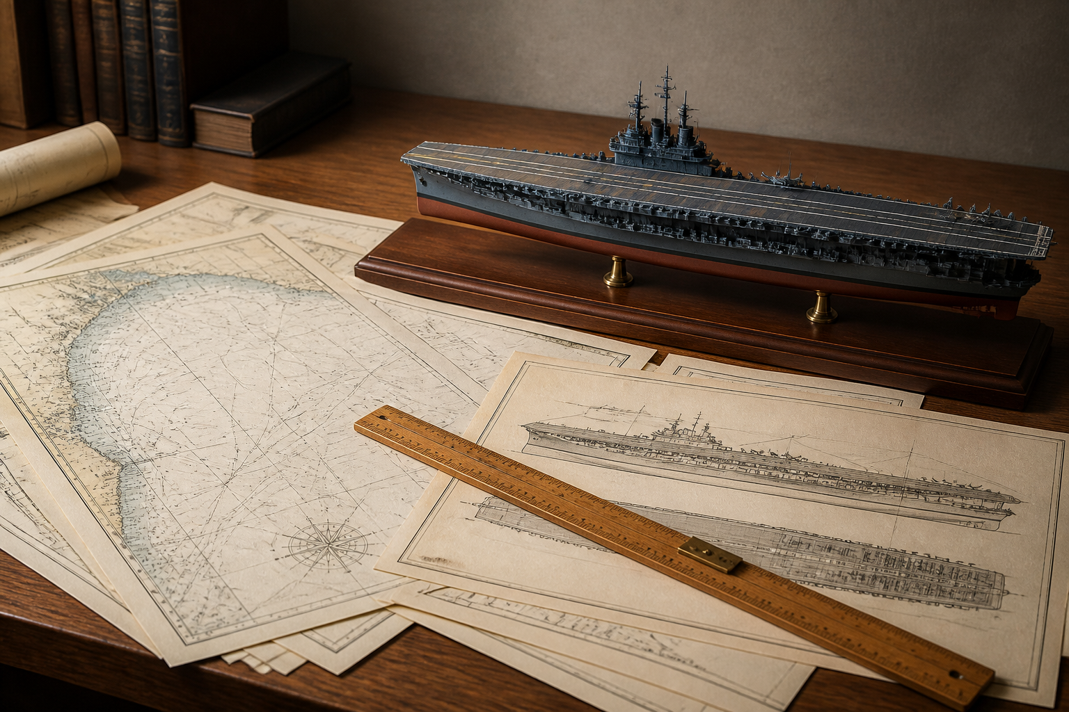 整然と並べられた航海図、木製の定規、および完成された艦艇モデルが静かに佇む落ち着いたデスクトップの静物