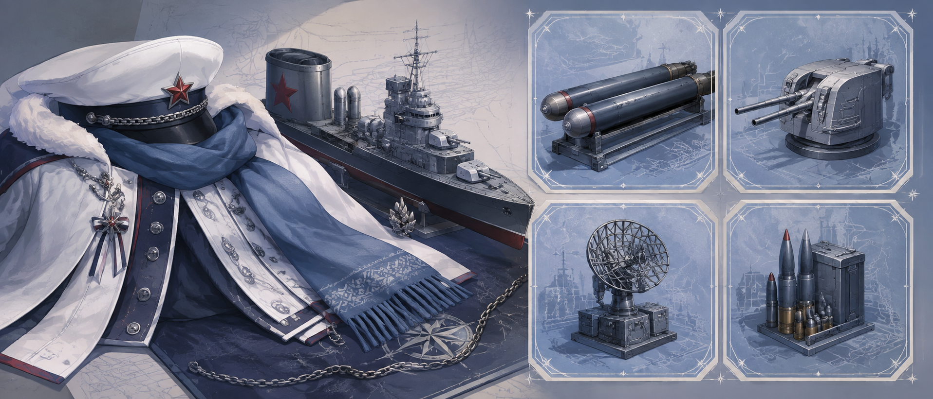 艦これのロシア（ソ連）出身駆逐艦「タシュケント」のキャラクタービジュアルと、装備スロットをイメージした概念グラフィック