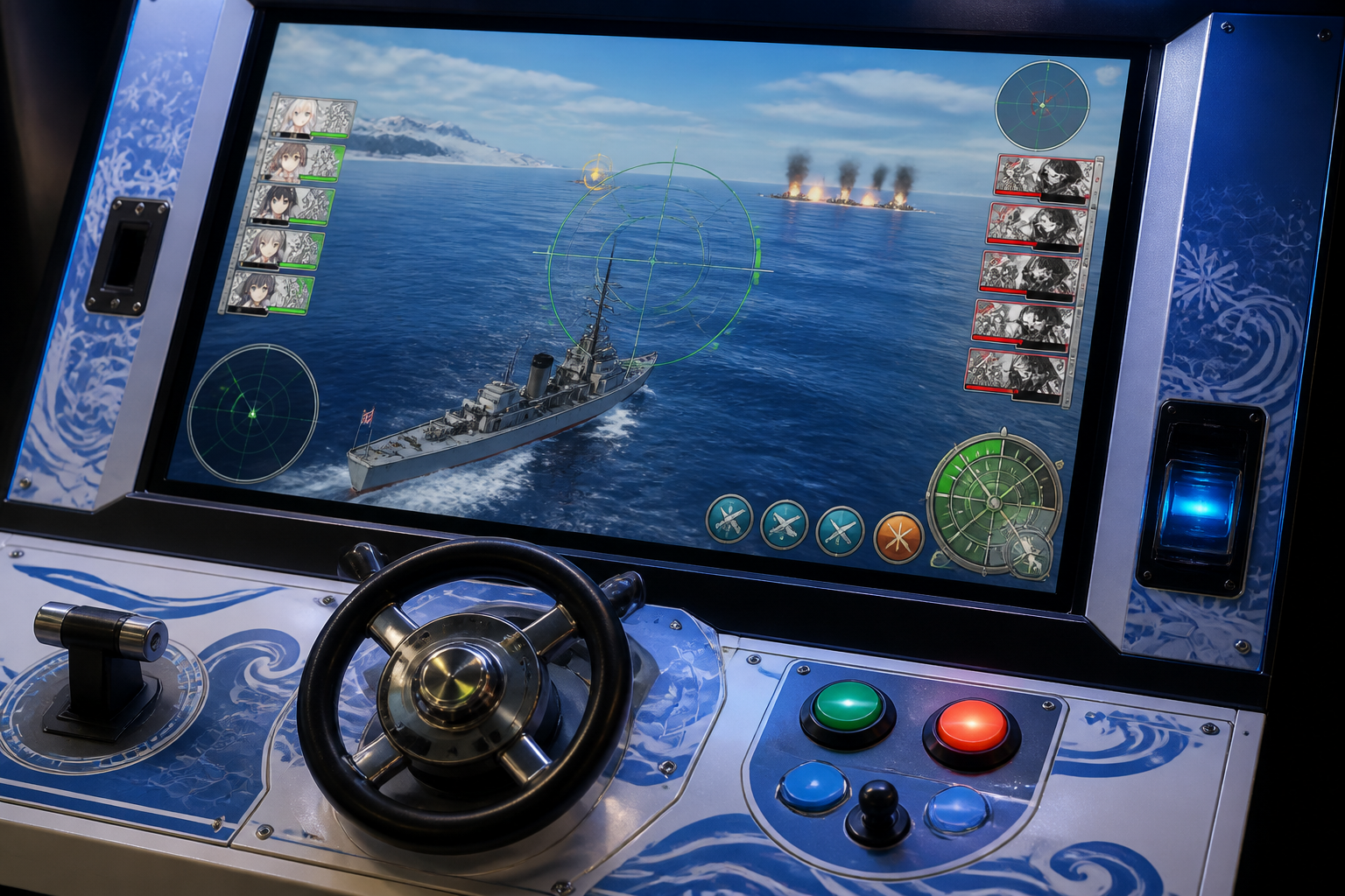 ゲームセンターのアミューズメント筐体でプレイする艦これアーケードの操作画面イメージ