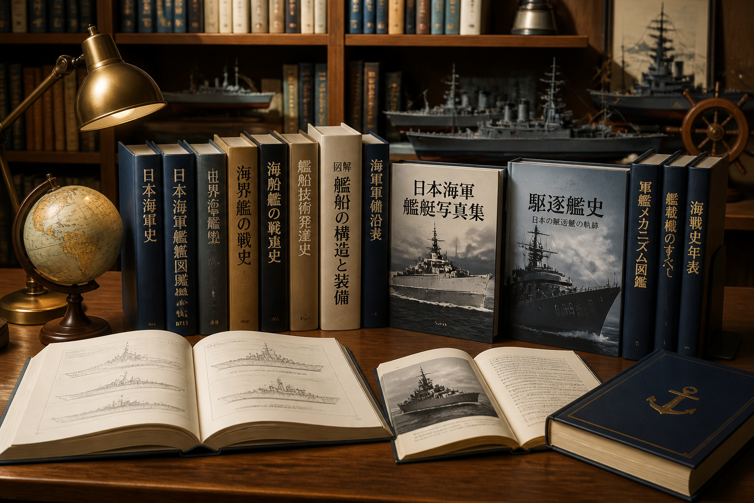 艦船の歴史資料や公式書籍が綺麗に並べられた書斎のデスク