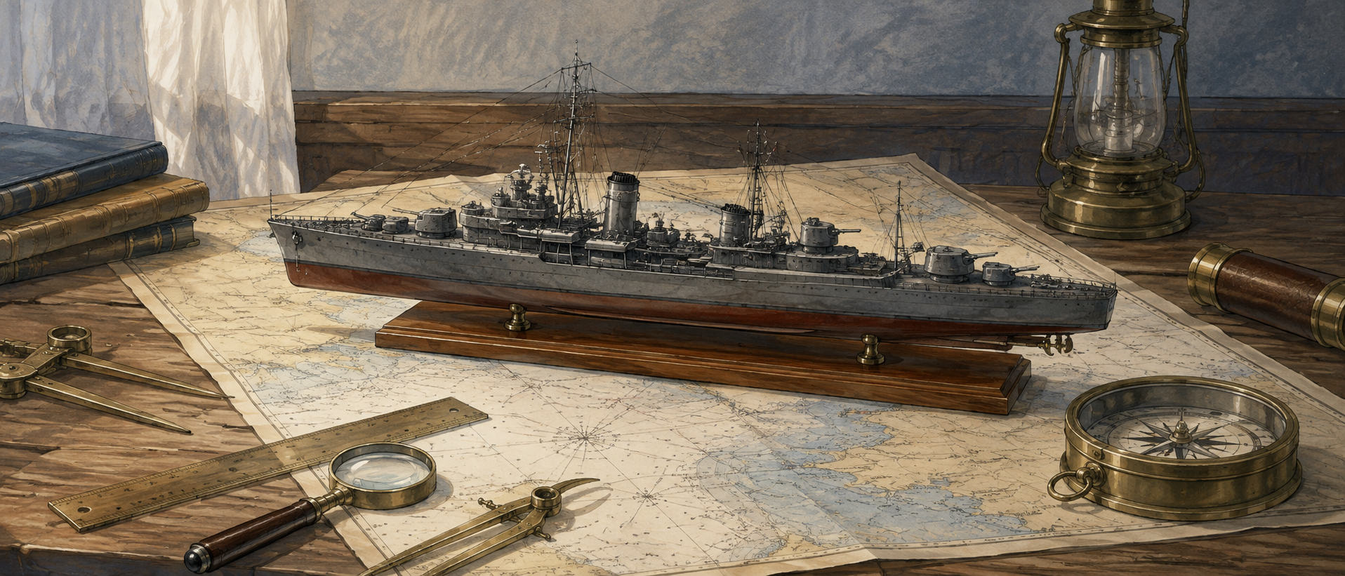 艦船模型、海図、コンパスを配置した落ち着いた静物構図