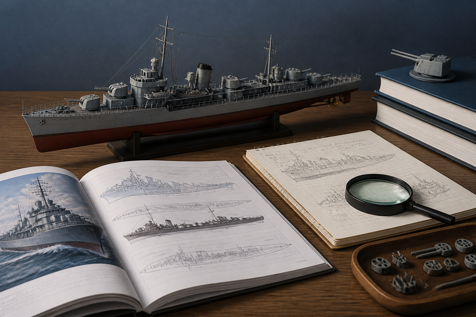 艦船資料と模型を整理した振り返り用の静物構図