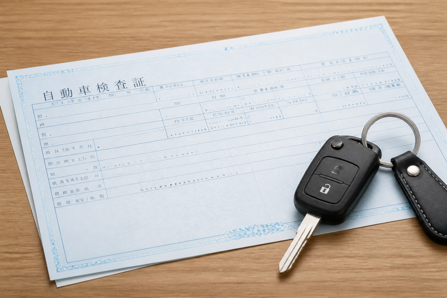 自動車のキーと車検証のような書類