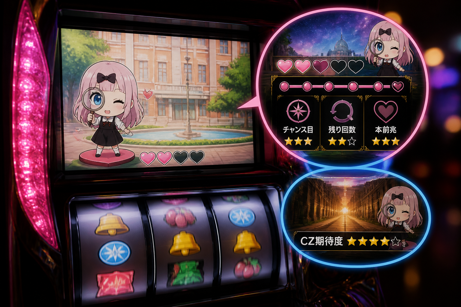 「かぐや様は告らせたい」スロットのミニキャラセリフ・演出示唆まとめのまとめ内容を示す解説画像