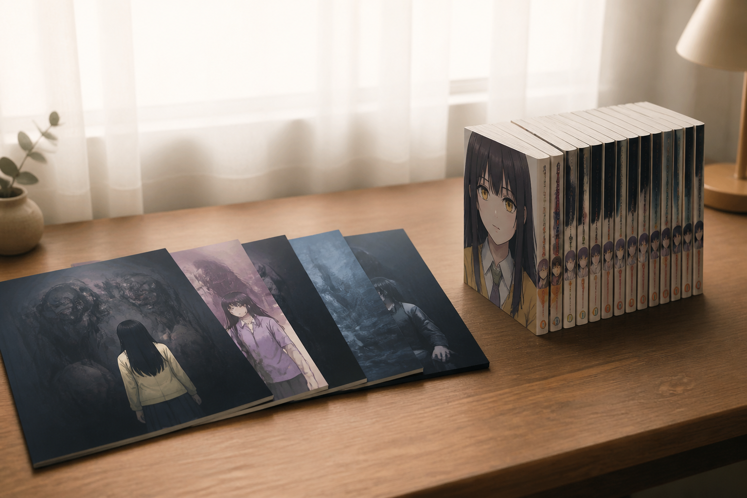 静かな部屋のデスクに並べられた映画のパンフレットと原作者のコミックス