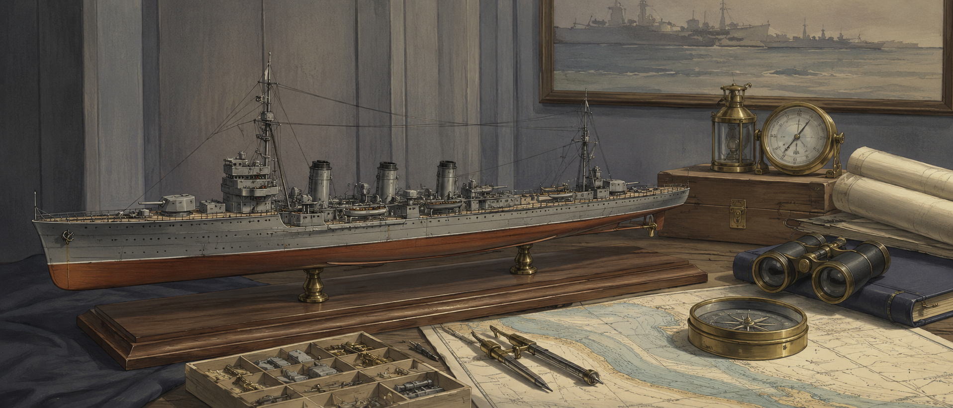 軽巡洋艦「夕張」の模型や艦艇関連の静物展示