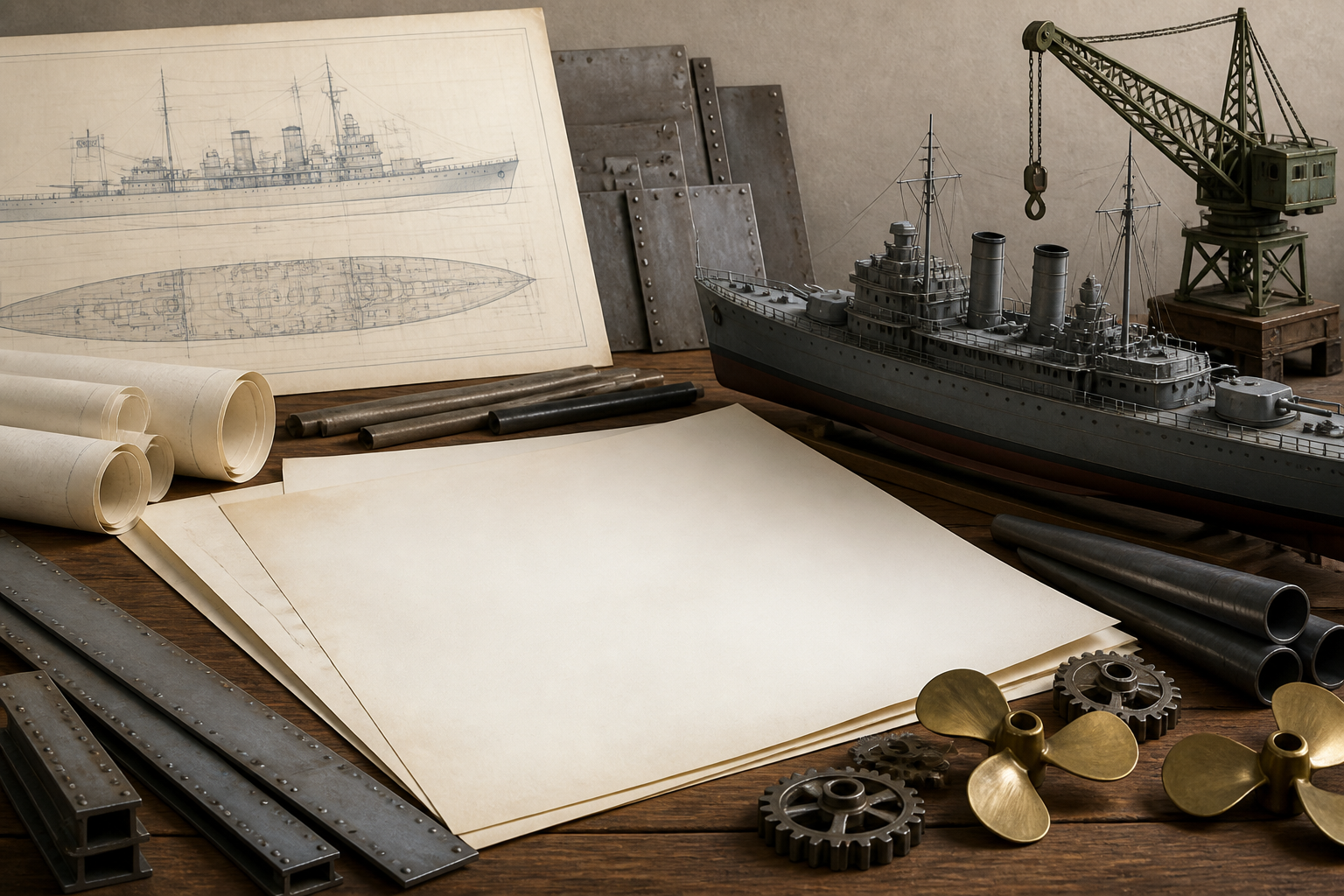 艦船の装備や建造をイメージさせる資材や図面の静物