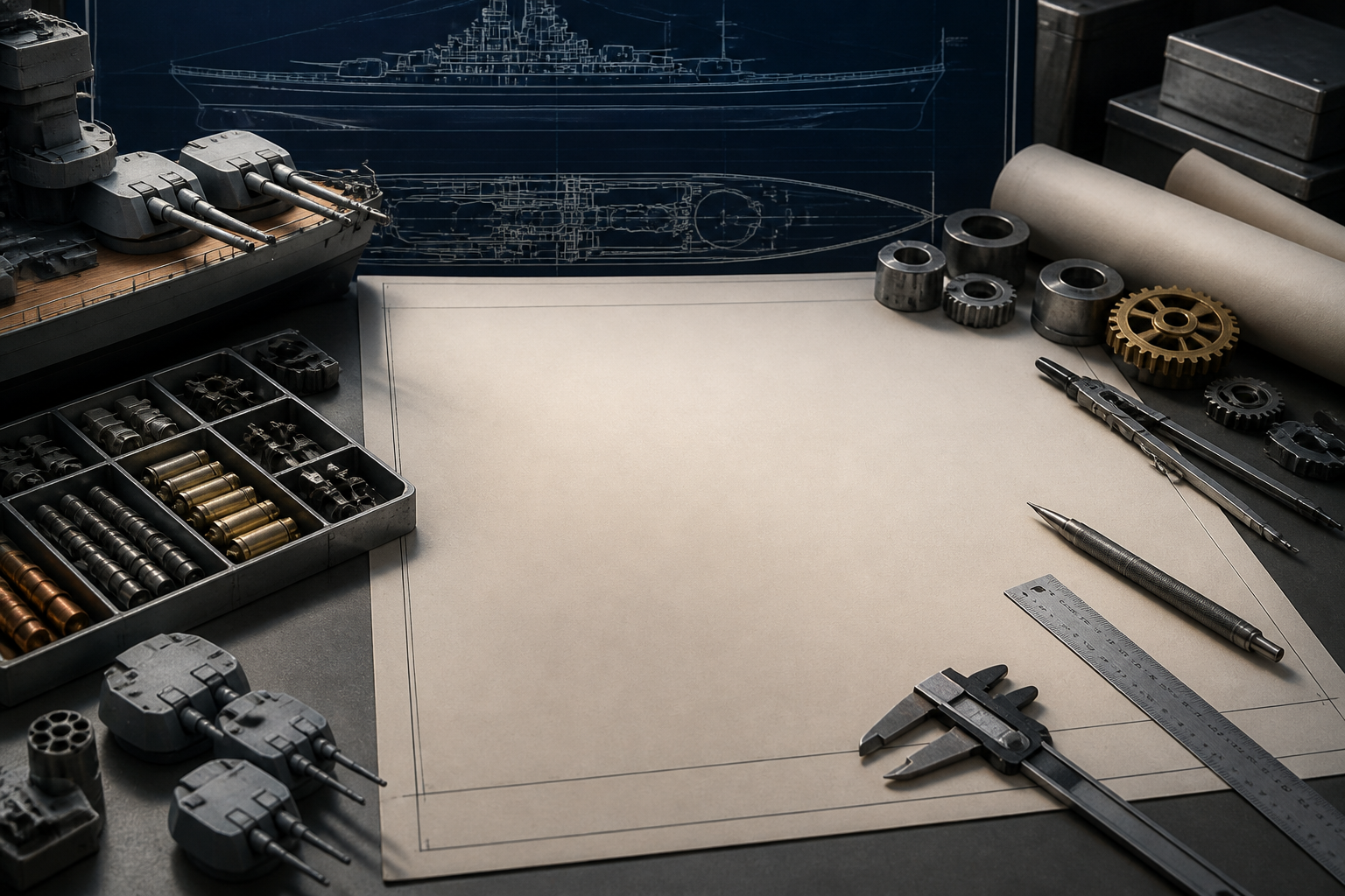 艦船の装備スロットや改装作業を想起させる精密工具や図面
