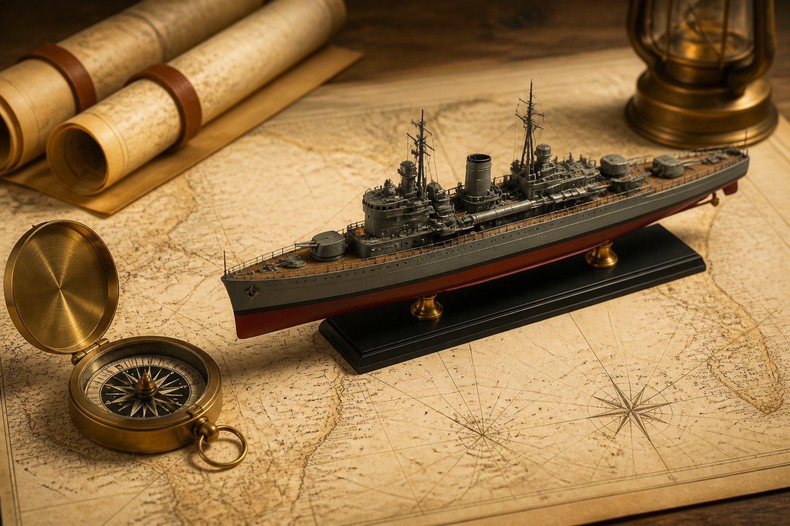 艦船の模型とコンパス、航海図をあしらった全体のまとめを表す静物
