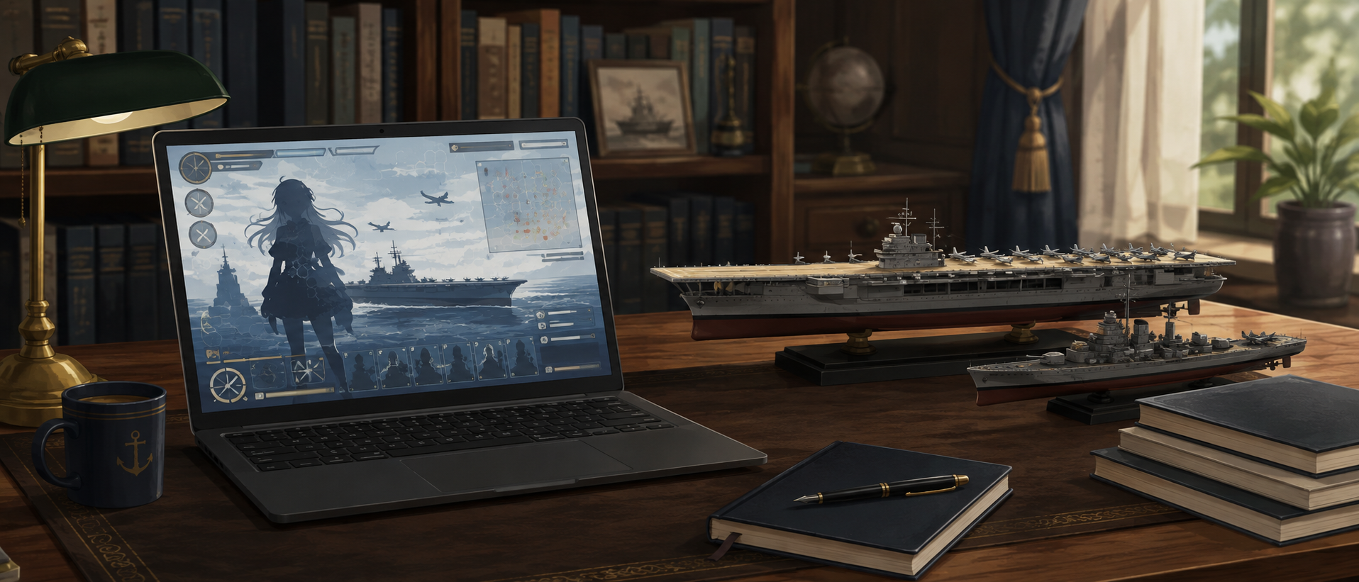 艦隊これくしょんのゲーム画面が表示されたノートパソコンと艦船のプラモデルが並ぶ落ち着いた書斎の卓上