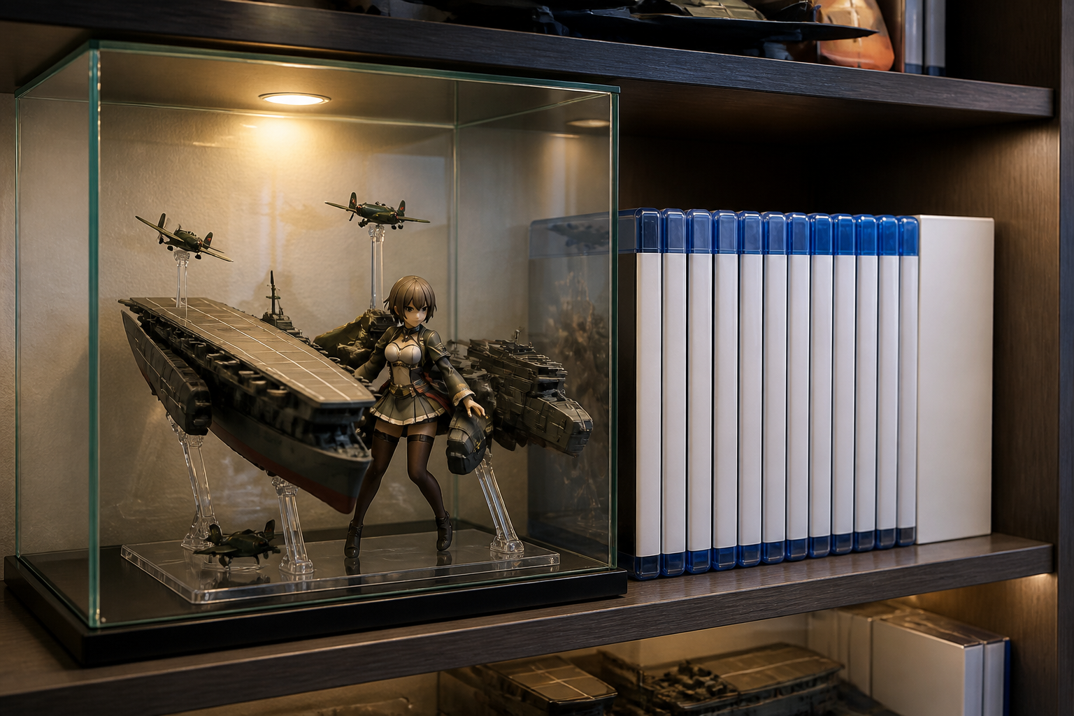 フィギュア展示ケースとアニメのBlu-rayパッケージが並ぶコレクションラックの一角