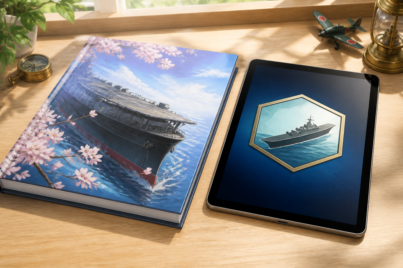 艦これのイラスト集とゲームのアイコンが映るタブレットが並べられた明るいデスク