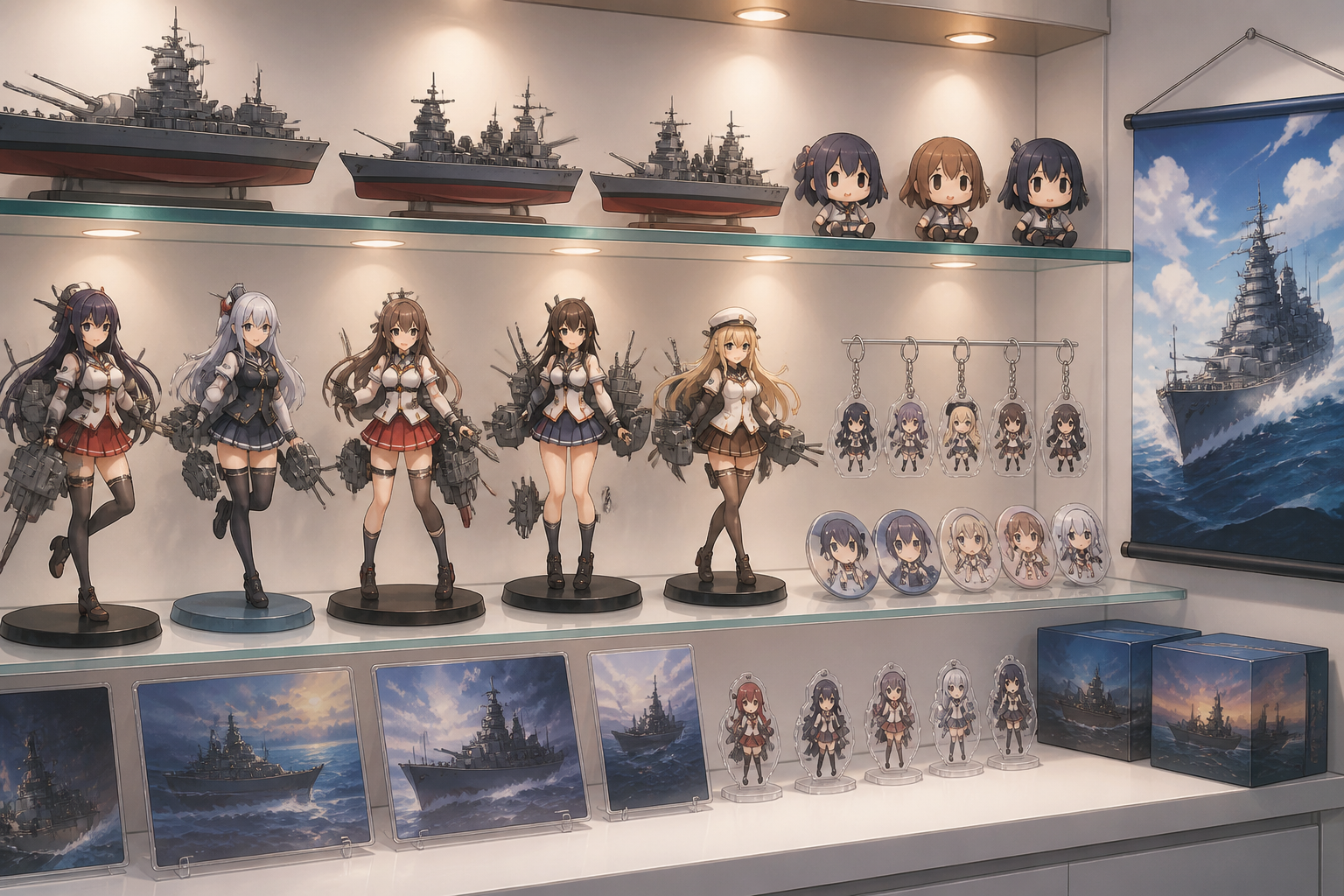 艦娘のフィギュアやキャラクターグッズが並ぶディスプレイコーナー