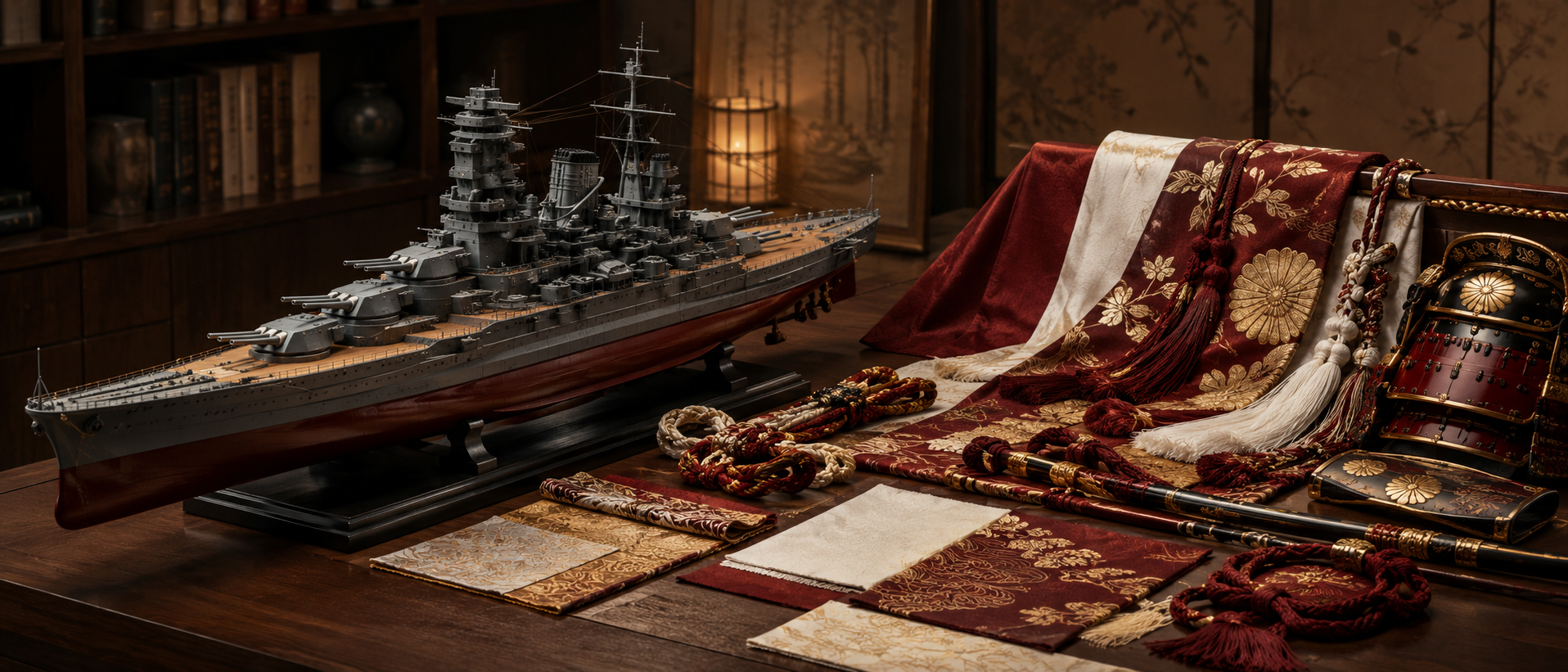 戦艦の精密模型と重厚な和装装備のビジュアル資料