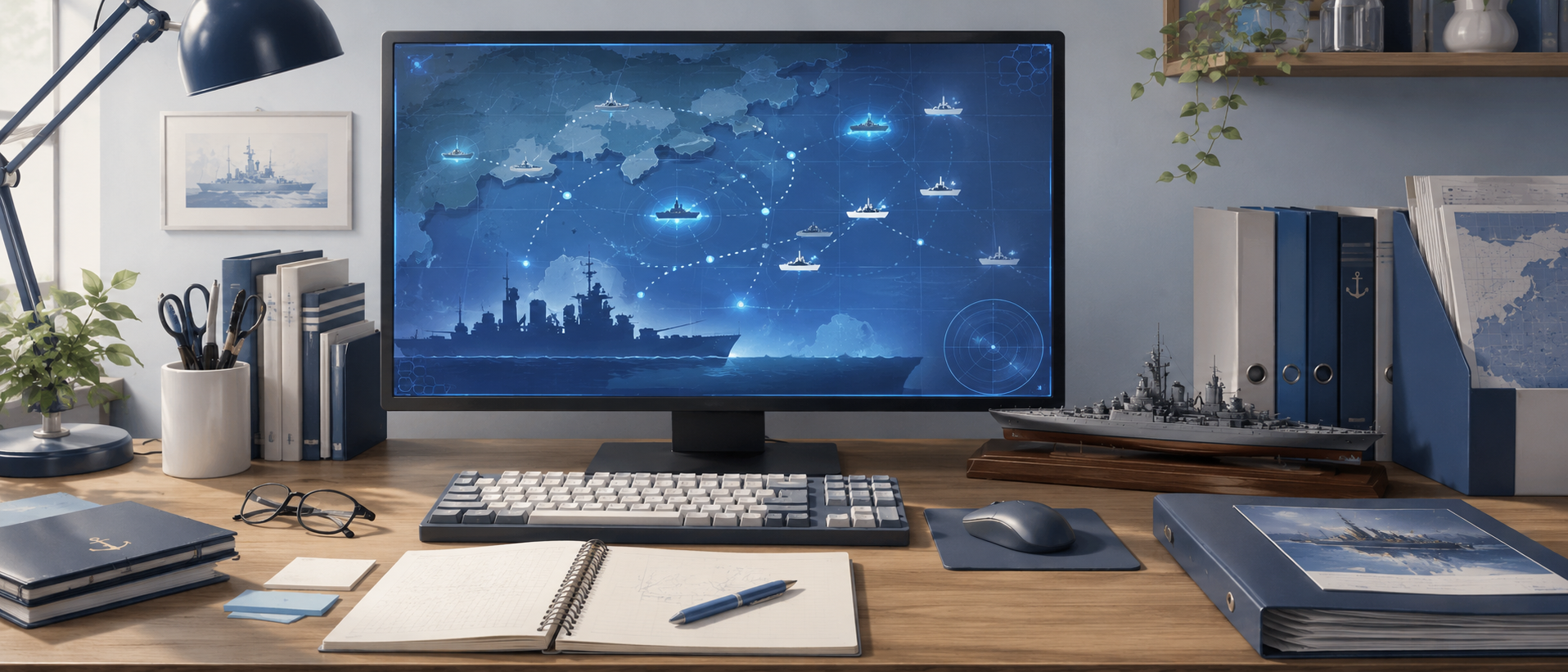 艦隊これくしょんのゲーム画面が映るパソコンモニターと作業用のデスク周り