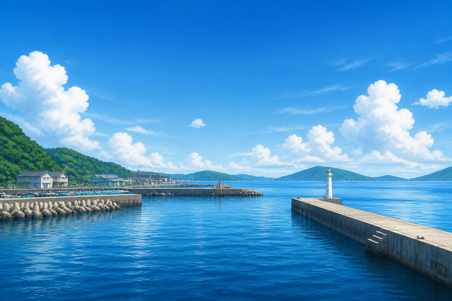 青空の下に広がる静かな港と防波堤の情景