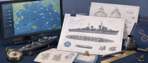 艦隊これくしょんの駆逐艦「天津風」に関するゲーム画面や設定資料をイメージさせる静物構図