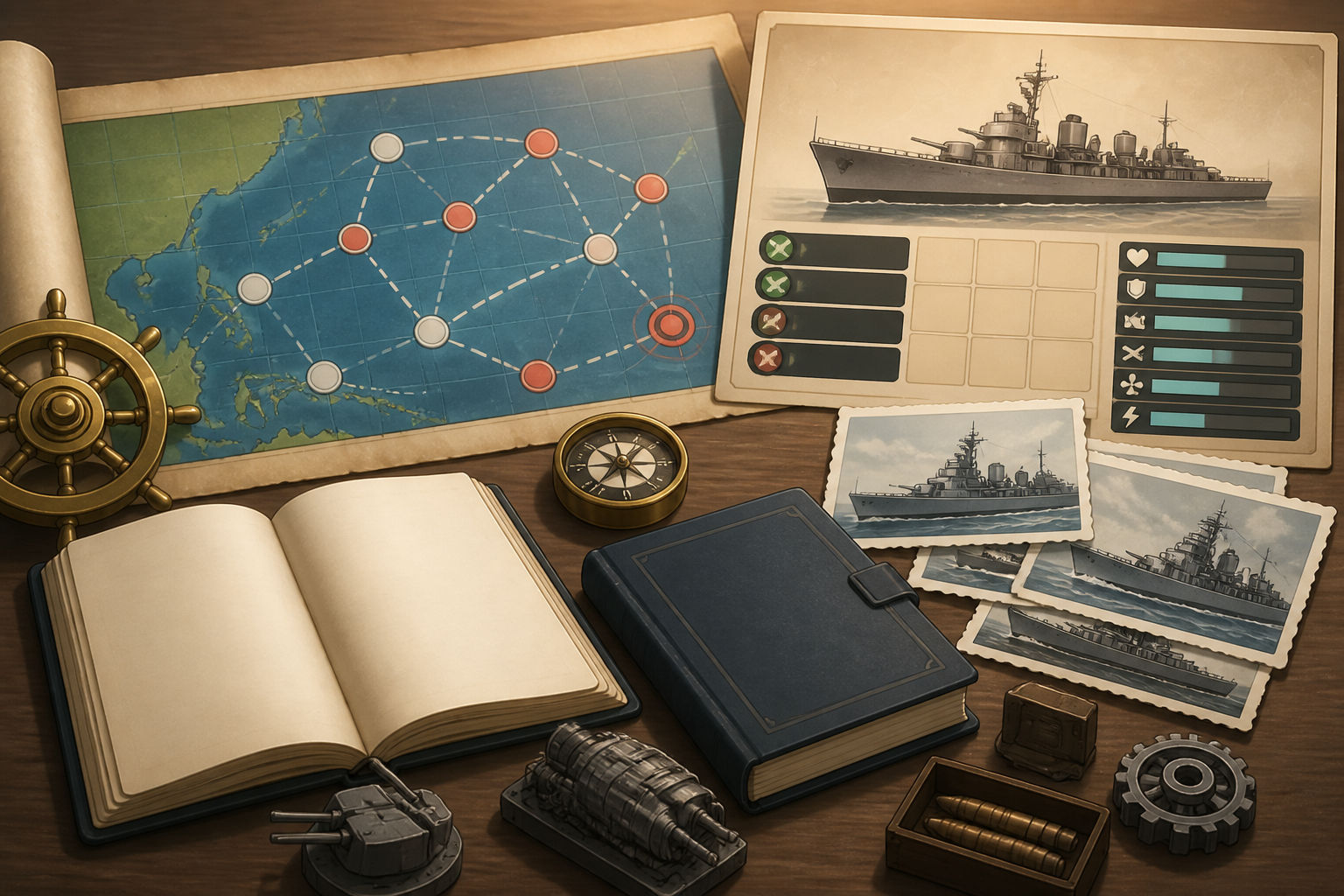 艦隊これくしょんのゲーム画面や海域マップ、育成画面の概要を示す静物構図