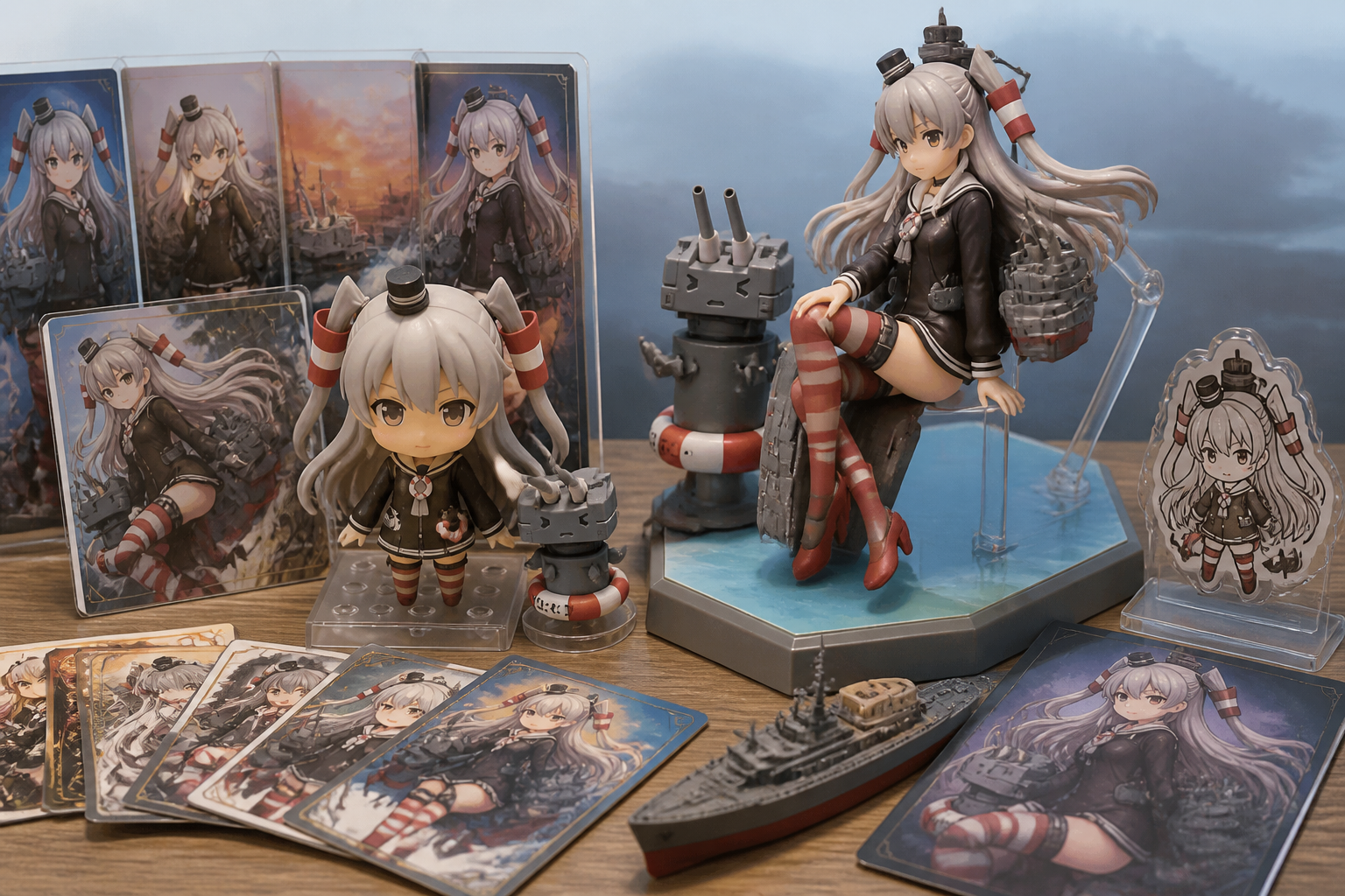艦これのトレーディングカードやフィギュアなどの立体化アイテムを集めた静物構図