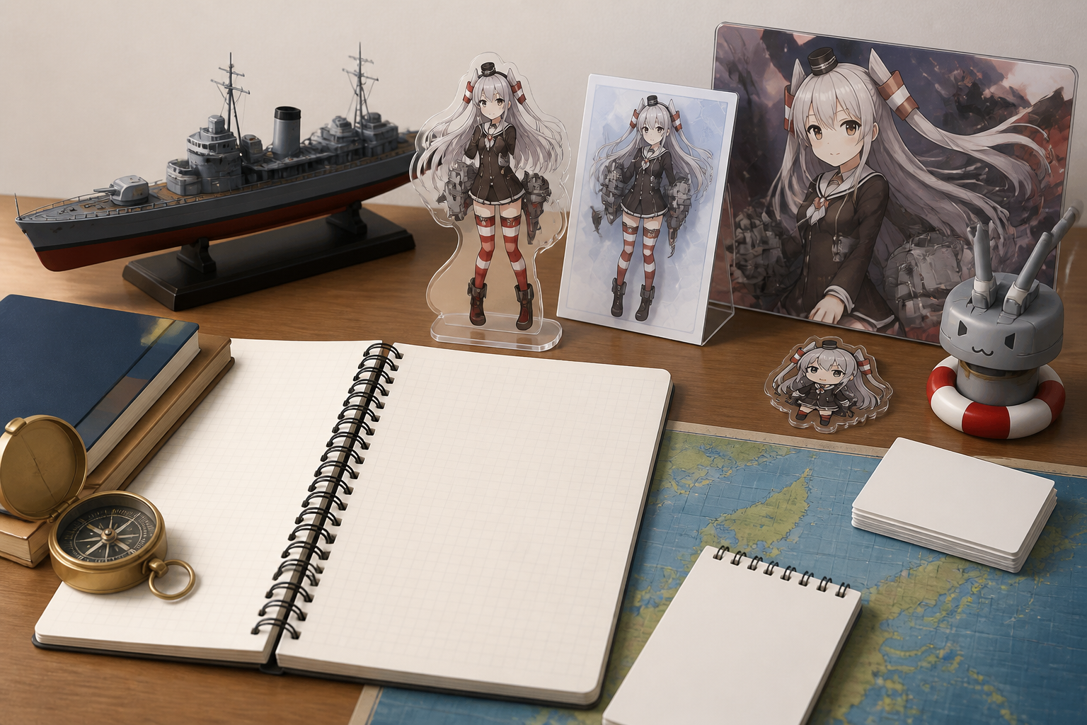 艦これの攻略メモやキャラクターグッズが綺麗に並べられたデスク上の静物構図
