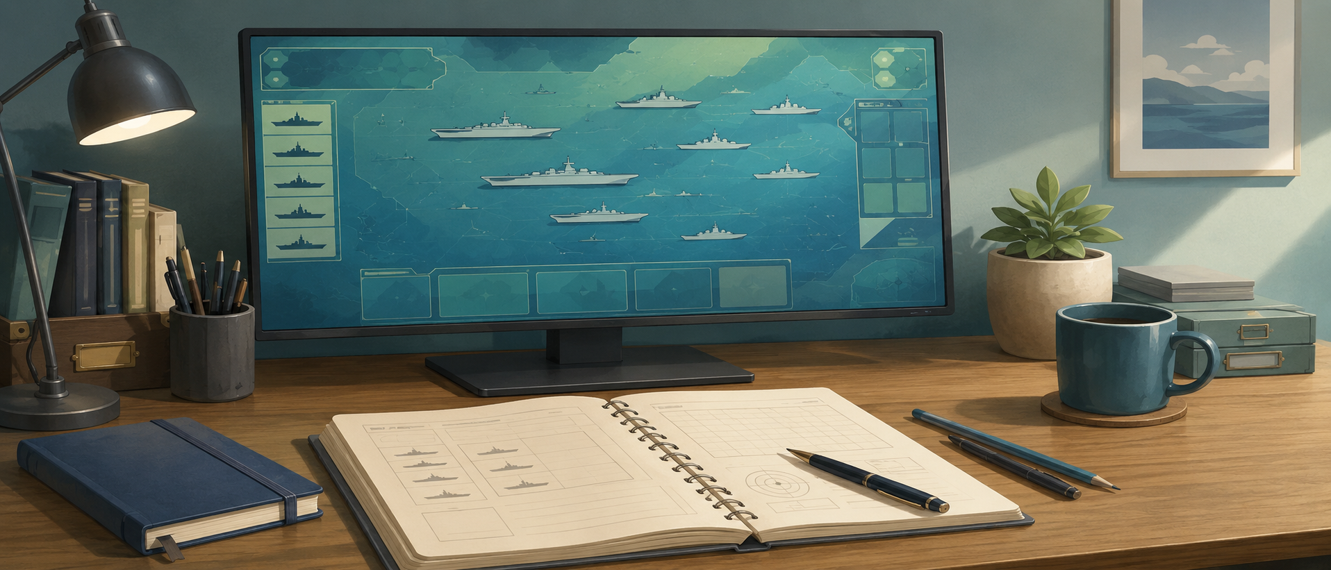 艦隊これくしょんのゲーム画面が映るパソコンモニターと、ノート・筆記用具が置かれたデスク