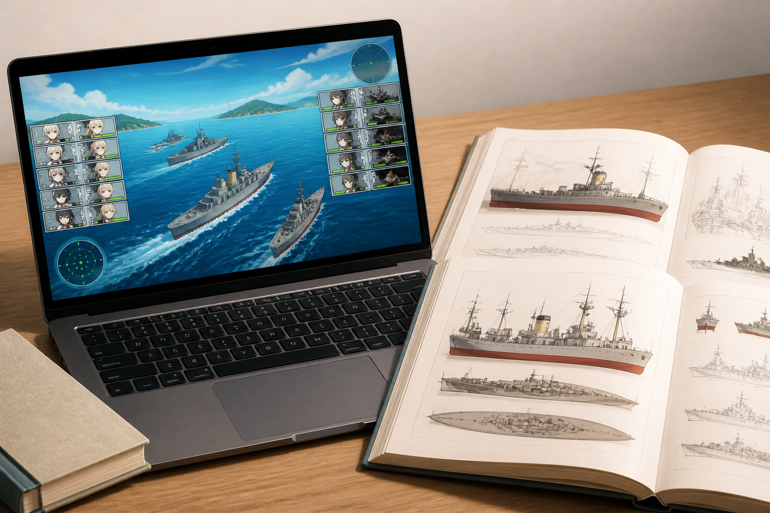 艦隊これくしょんのゲーム画面が映るノートパソコンと、関連する設定資料集