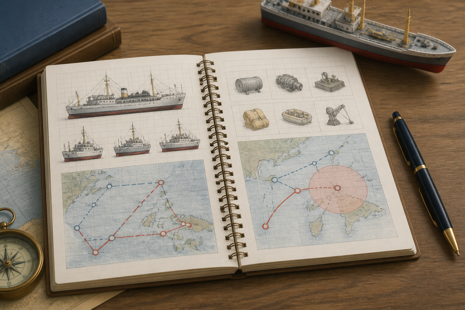 艦隊これくしょんの攻略メモが書かれたノートと、静かに置かれたペン