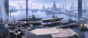 アズールレーンの世界観をイメージさせる軍港と艦船の模型が整然と並べられたデスクの静物