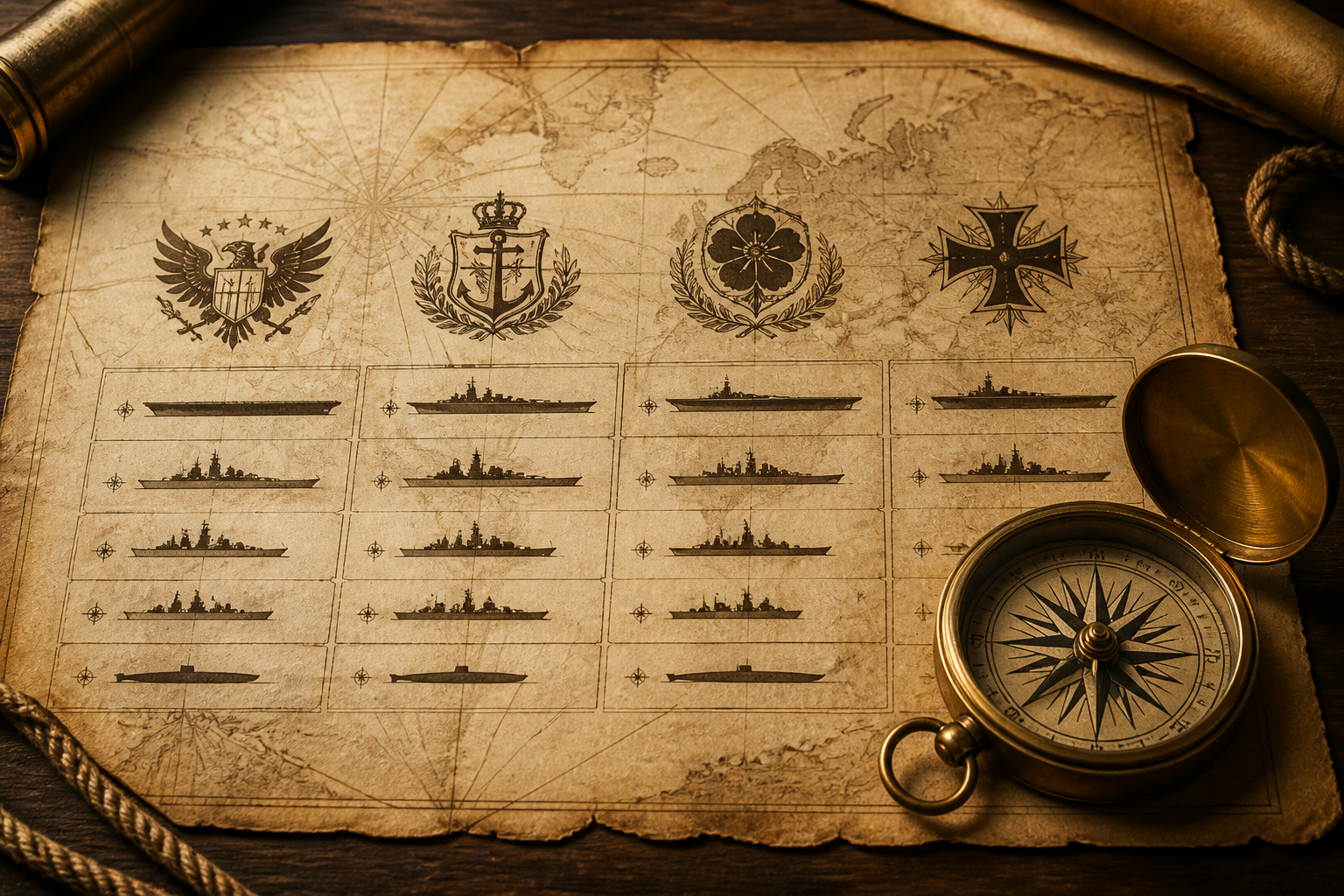 艦船の分類や陣営のエンブレムが描かれた古い航海図とアンティークなコンパス
